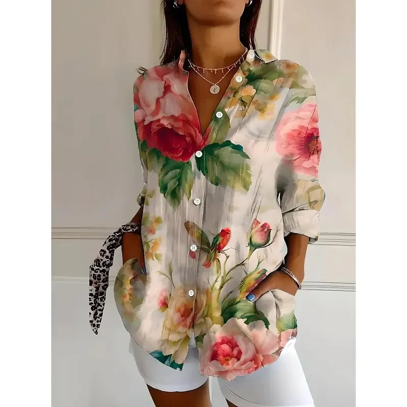 2025 Women's Shirts Blouse with Gradient Floral Graphics Blouse with Lapel Collar Long Sleeve Shirts for Women Clothing