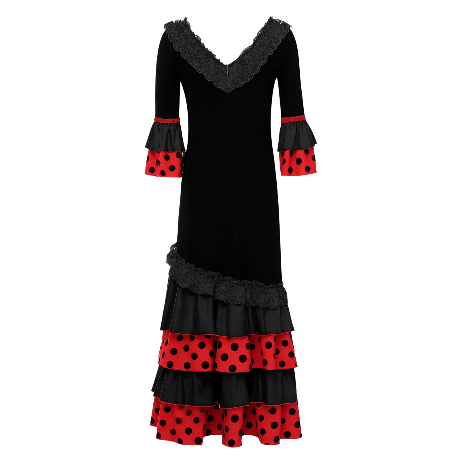 Kids Girls Spanish Flamenco Dance Performance Dress Lace Trim V-neck 3/4 Sleeves Lyrical Dress for Flamenco Stage Performance
