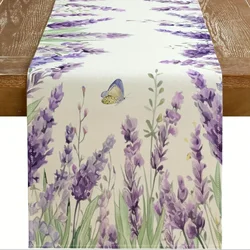 Purple Lavender Printed Linen Table Runner Home Party Decor Spring Farmhouse Butterfly Floral Table Runners Dresser Scarf Decor