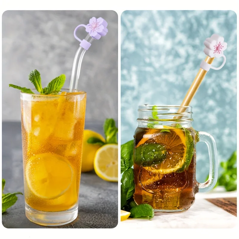 5PCS Hat Straw Covers for Stanley Cups cherry blossom Accessories Cute Silicone Straw Toppers Caps Dust-Proof Reusable Straw