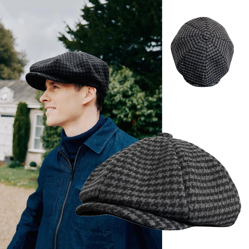 Retro Plaid Newsboy Hat Men Beret Black Beret Hats Peaked Octagonal with Brim Caps Winter Spring Beret NC16