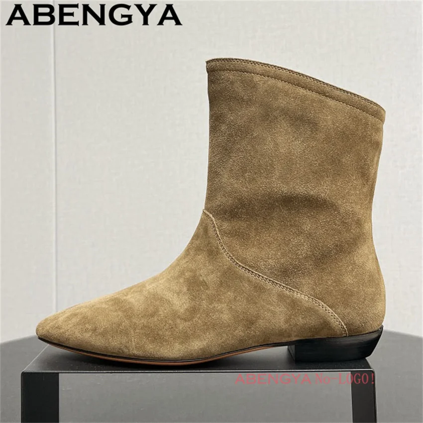 

Классические замшевые ковбойские рыцарские сапоги, женские короткие ботинки «Челси» с круглым носком, модные зимние ботильоны на плоской подошве 2021, женские ботильоны
