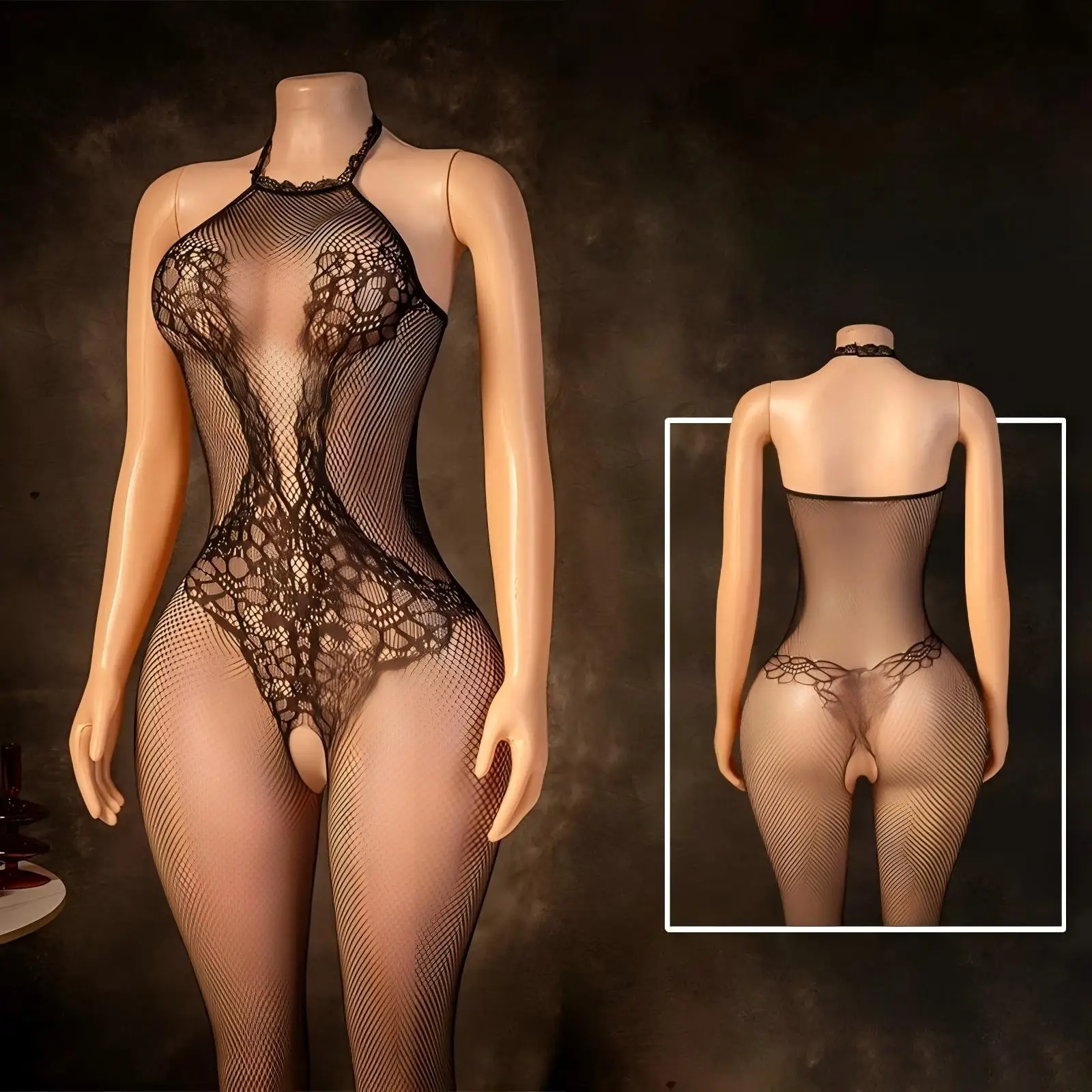 Sexy fishnet women's crotchless jumpsuit, neck pajamas, open crotch jumpsuit, mesh stockings, sex underwear, jumpsuit view 5
