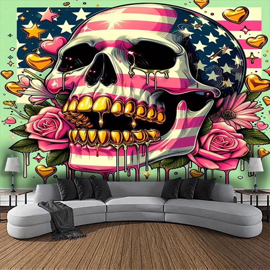 1PC Digital Printed Tapestry Wall Hanging, American Flag Skull Gold Teeth Rose, Pop Art Graffiti Street Wall Decor