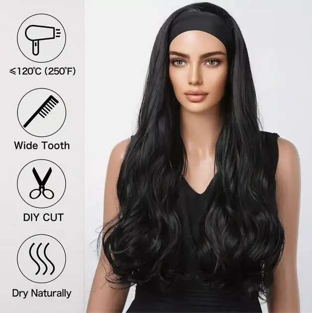 Peruca Ondulada Longa Onda Natural para Mulheres, Headband Preto