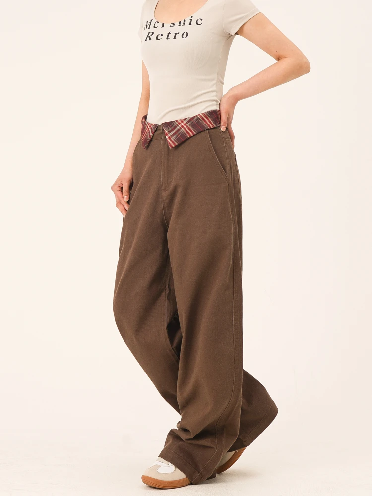 

American Retro Flip Cover Waisand Plaid Casual Pants Loose Wide Leg Trousers ex Trendy Street Sle Polyester Fiber