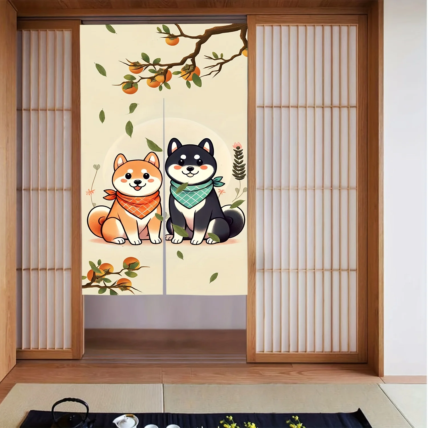 One-piece elegant Shiba Inu pattern linen curtain, half cut for bedroom/kitchen shade curtain, no need to drill installation