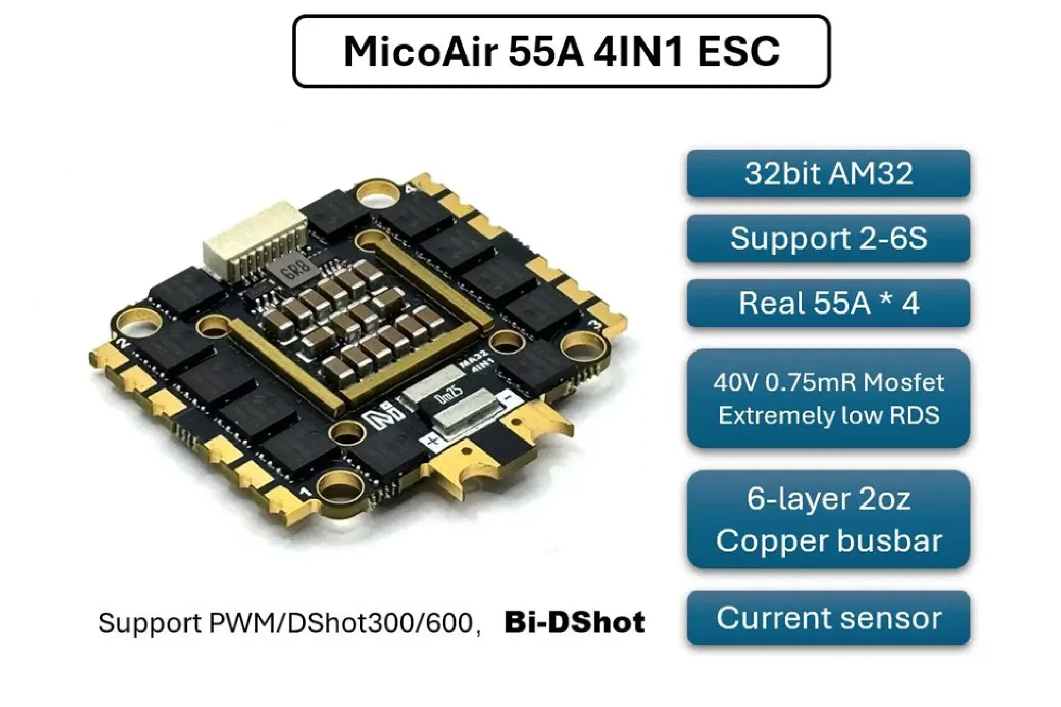 MicroAir 4IN1 55A ESC AM32 firmware supports Bi-Directional DShot For 3.5-10 inch FPV Quadcopter ESC Accessories
