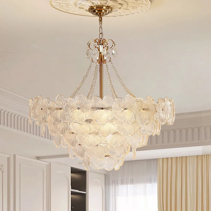 Luxury French Princess Room Crystal Chandelier Art Petal Villa Pendant Lamp for Living Dining Bedroom