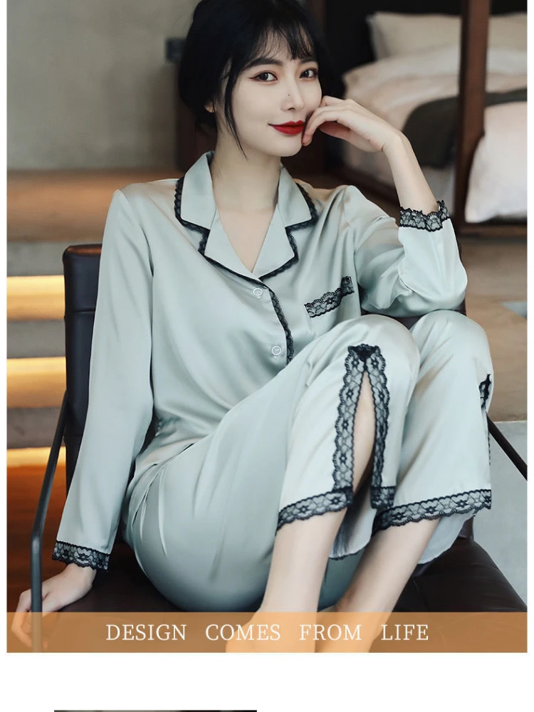 Spring Autumn New Soft Stain Women's Pajamas Set Long-sleeved Trousers Two-piece Set Lace Silk Home Wear Clothes for Women