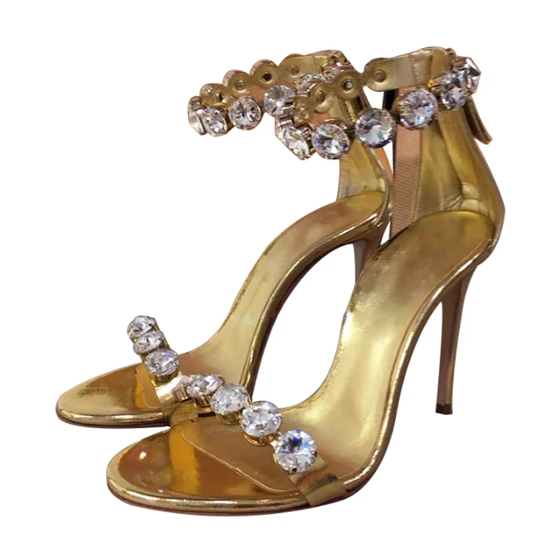 

Gold Round Rhinestone Studs One Strap Sandals Summer Stiletto Heel Peep Toe Bling Crystal Cutout Women Wedding Shoes