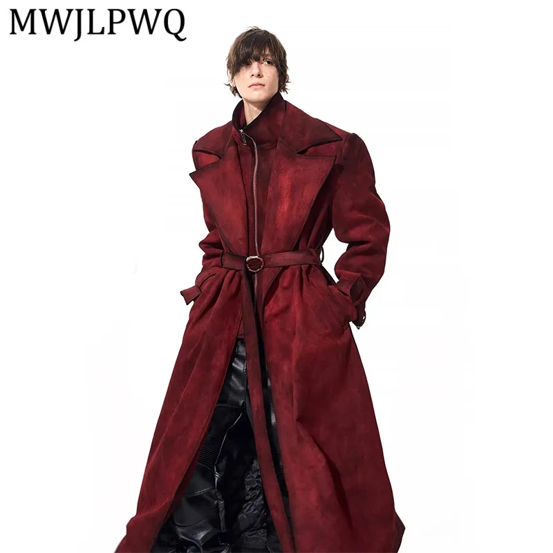 MWJLPWQ Red Spray Stain Fake Two-Piece Suede Trench Coat For Men Winter Quilted Thickened Long Woolen Tops 2026 Spring New 13106