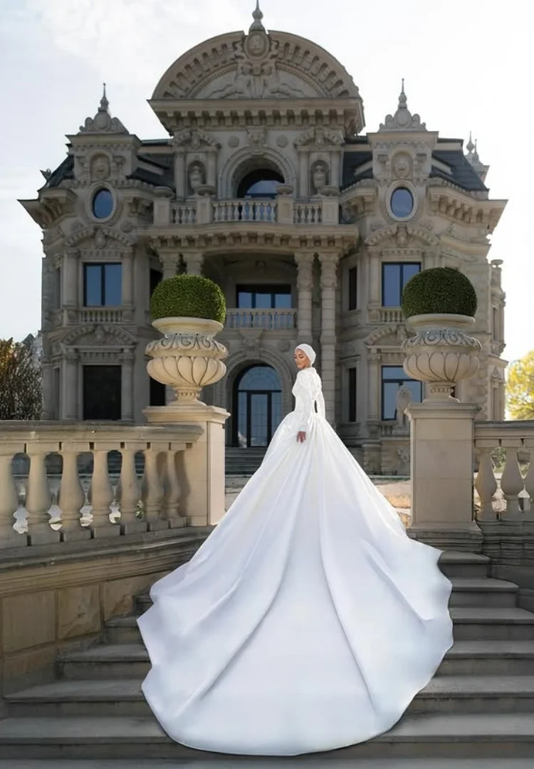 Lace Wedding Dresses Satin Dress Ball Gown For Bride Long Sleeve Vestido Blanco Para Boda Civil De Noiva Minimalista Bespoke