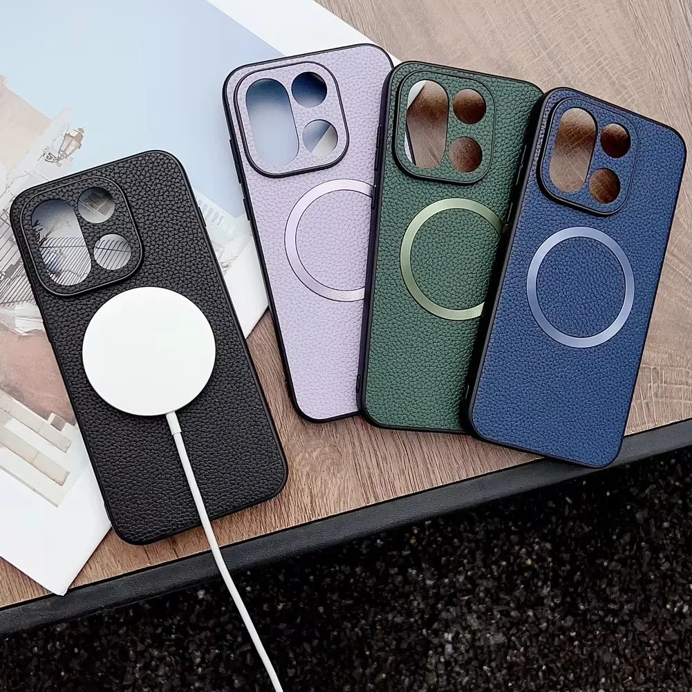 

Phone case Magsafe Magnetic Plain Leather Lychee For One Plus 15 13s 13T 13R 13 Ace 5 OnePlus Nord 5 4 CE 5 Camera protect