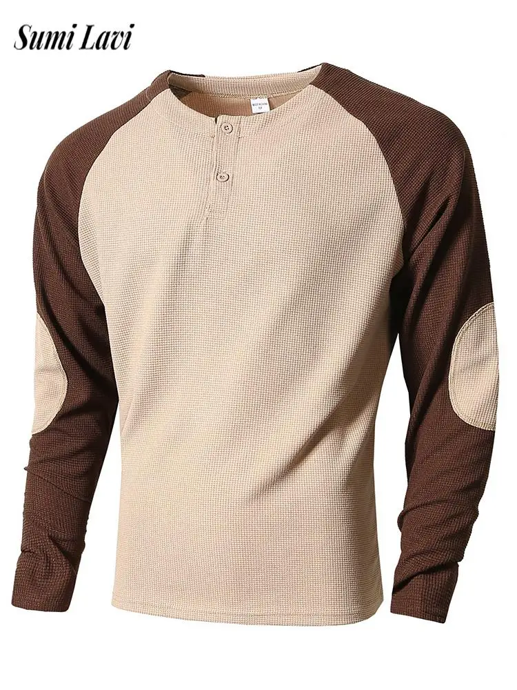 

2024 Autumn New Casual Long Sleeve Sweatshirts For Mens Vintage Henley Collar Knit Tops Men Fashion Patchwork Long Sleeve Tees