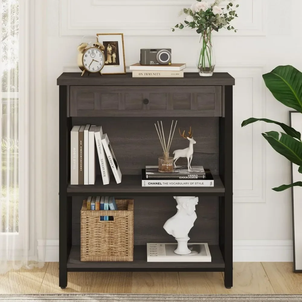 

Rustic Short 2 Shelf Bookshelf, Industrial Low Wood Bookcase, Farmhouse Small Book Case for Small Space (Walnut Brown)