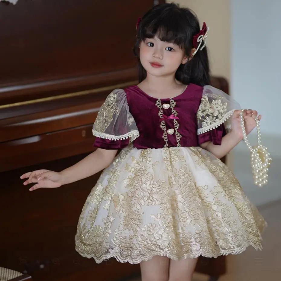 

New Children's Spanish Lolita Princess Ball Gown Bow Lace Design Birthday Party Eid Girls' Palace Style Gold Velvet Dress A3348