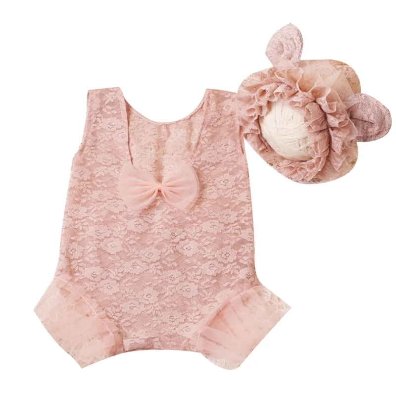 

Newborn Photo Props Bonnet Lace Jumpsuit Posing Clothes Baby Photography Suit Backless Princess Romper Infant Costume