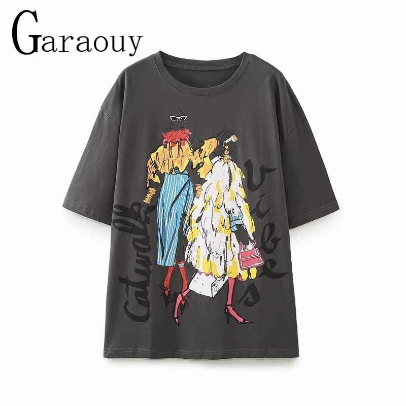 Garaouy 2024 New Spring Summer Women\'s Round Neck Short Sleeve White Loose T-Shirt Graphic Print Decorative Tees