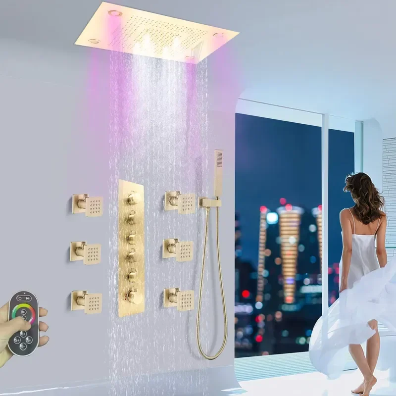 Large 23x31inches 7Colors LED Thermostatic Modern Brass Bathroom Shower System Set Brushed Gold Multi Function Jet Rain