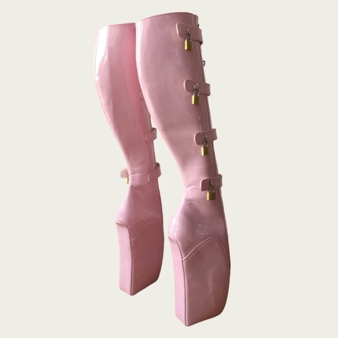Women's Pink Faux Leather Platform Ballet Heel Boots Buckle Lock Detail Knee-High Design Bold Edgy Style for Costume Partie