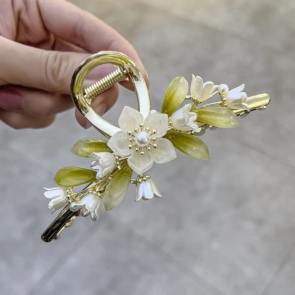 Alloy Bell Orchid Flower Shark Clip Pearl Tassel Hair Grip Clip Women Ponytail Buckle Korean Style Hair Clip Girl Hair Claw