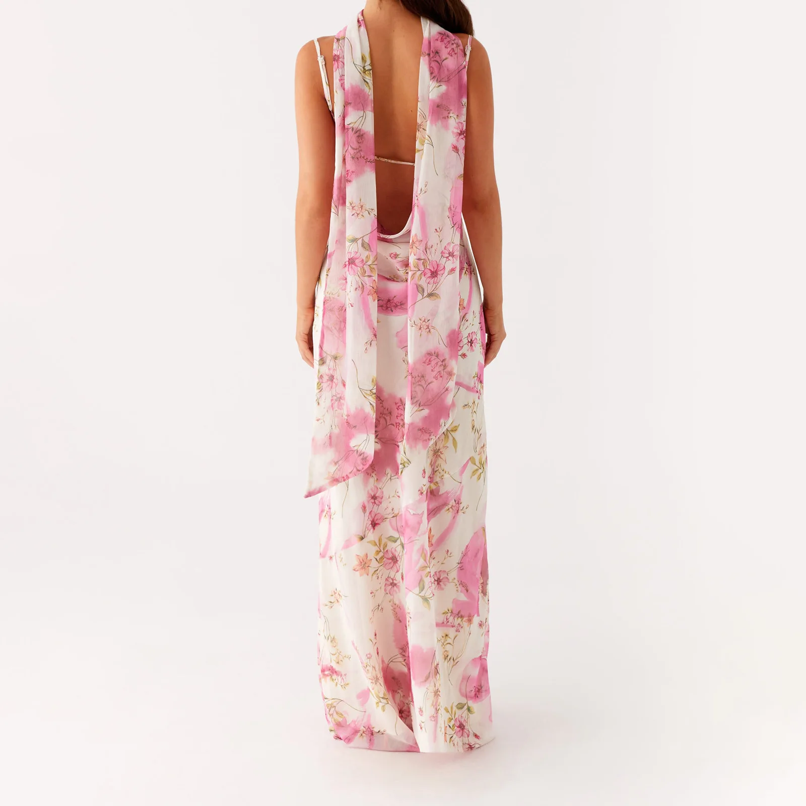 Combhasaki Women Elegant Floral Print Adjustable Thin Spaghetti Strap Sleeveless Summer Casual Cami Long Dress with Choker Scarf