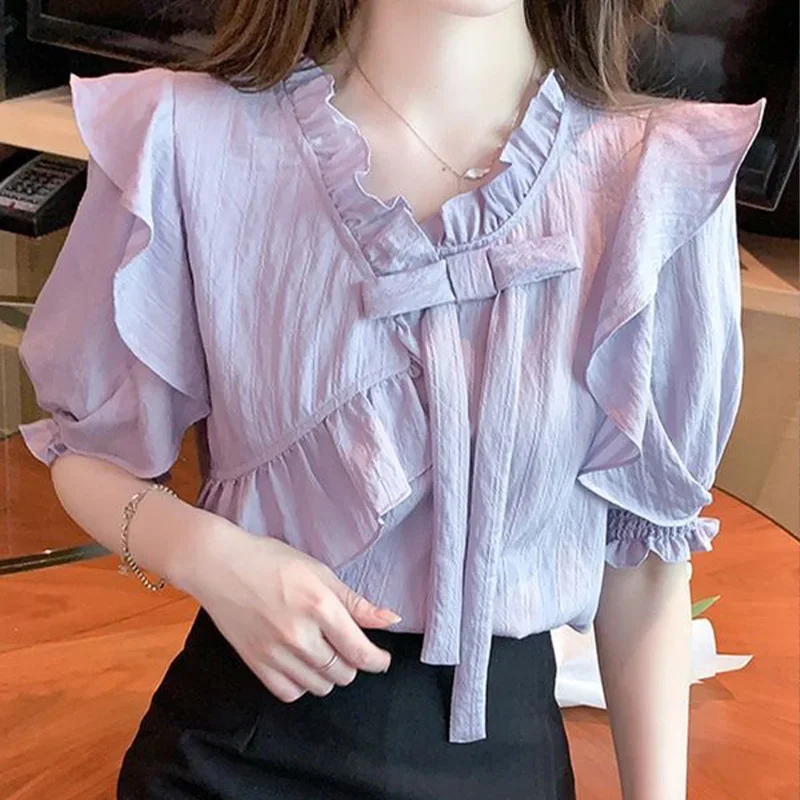 Fashionable Lotus Leaf Collar Bubble Sleeve Chiffon Shirt for Women\'s Summer 2024 New French Temperament Elegant Small Shirt Top