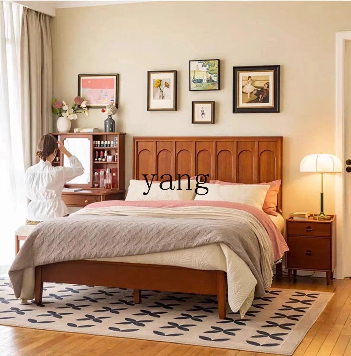 LTT solid wood bed French small apartment bedroom queen bed master bedroom retro double bed