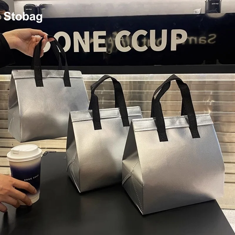 

StoBag 10pcs Sliver Non-woven Insulation Tote Bag Portable Fabric for Food Drinks Package Keep Warm Cold Delivery Reusable Pouch