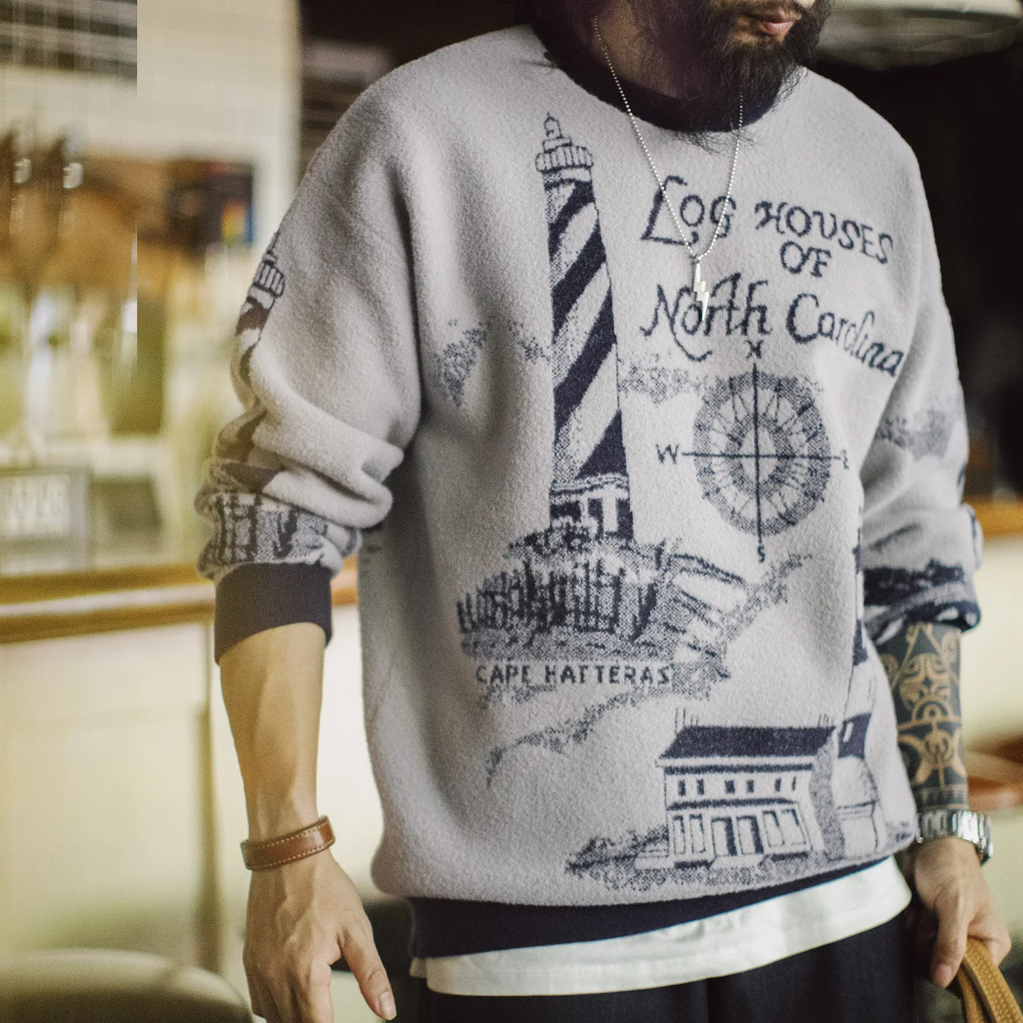 

Серый свитер с круглым вырезом Maden с рисунком маяка, тяжелый теплый мягкий трикотаж, мужской свободный пуловер на осень-зиму