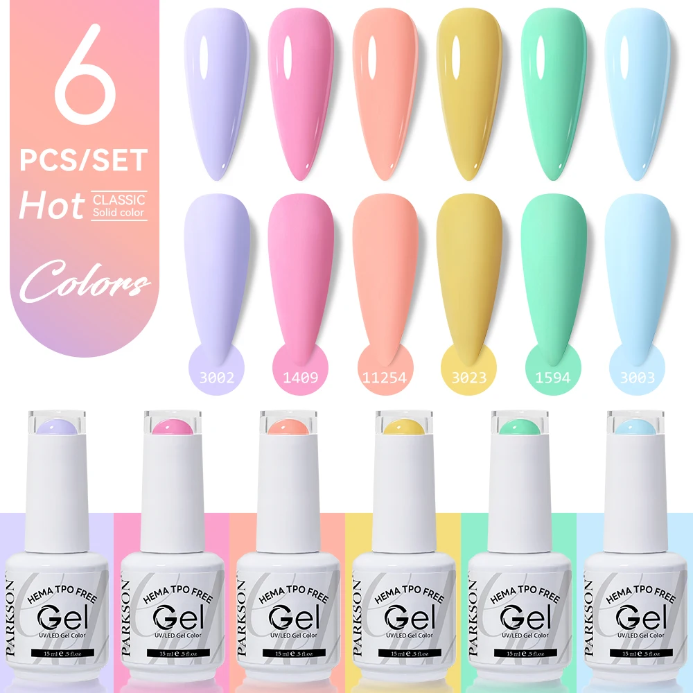 Parkson 6pcs Macaron Pastel Gel Nail Polish Solid Candy Colors HEMA TPO Free Soak Off UV LED Long Lasting Varnish 15ml