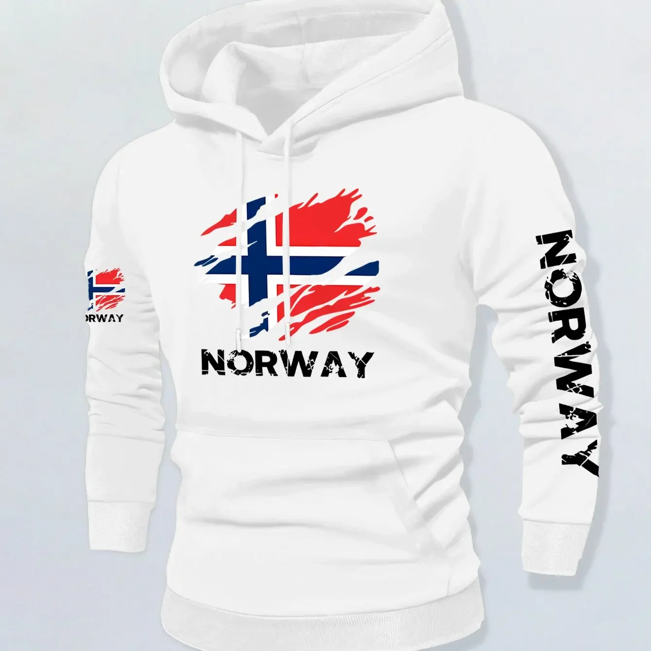Men Vintage Street Hoodie Hand Drawn Torn Norway Flag Letter Print Soft Fleece Oversized Patriotic Sweatshirt