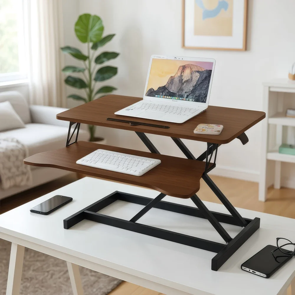 32 Inch Desk Converter, Height Adjustable Sit to Stand Riser, Dual Monitor and Laptop Workstation with Wide Keyboard Tray, Walnut Color