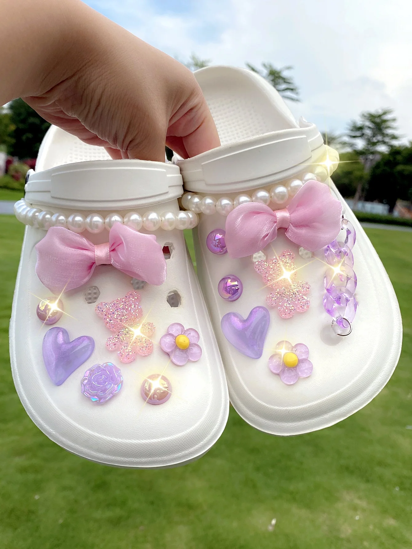16 pieces of ABS pearl chain, pink cloth bow, sequined bear, purple thin twinkle love, flowers, chain, rose, ABS pearl shoe buck