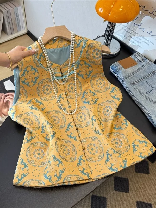 

New Chinese Sle Floral Print Vest Women's Autumn New Retro Button Stand Collar Improved Tang Costume oulder Top