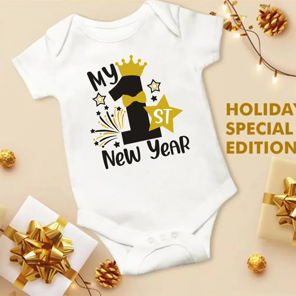 My 1st New Year Infant Bodysuits White Body Baby Clothes New Year Party Boys Girls Romper Short Sleeve Newborn Jumpsuit Outfits