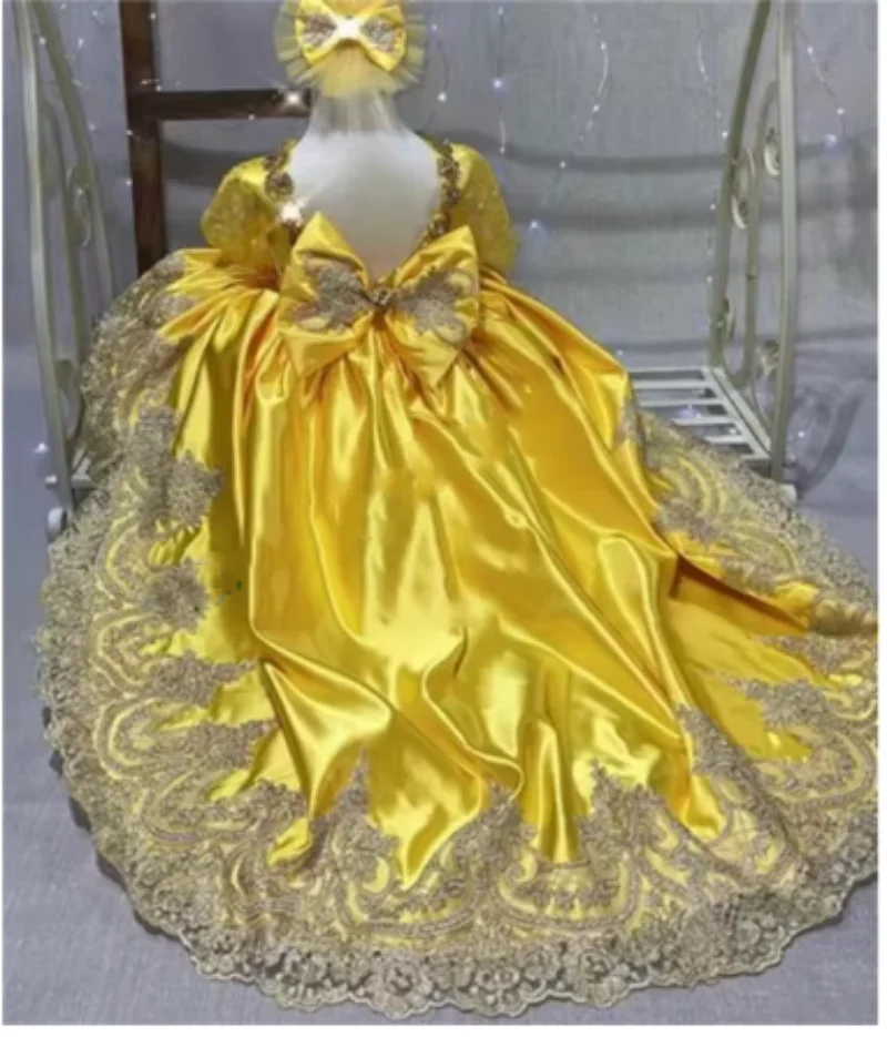 Yellow Satin Customizable Flower Girl Dresses Bow Cute Girl Dress Kid Birthday Dress First Communion Dress Girl Party Gowns