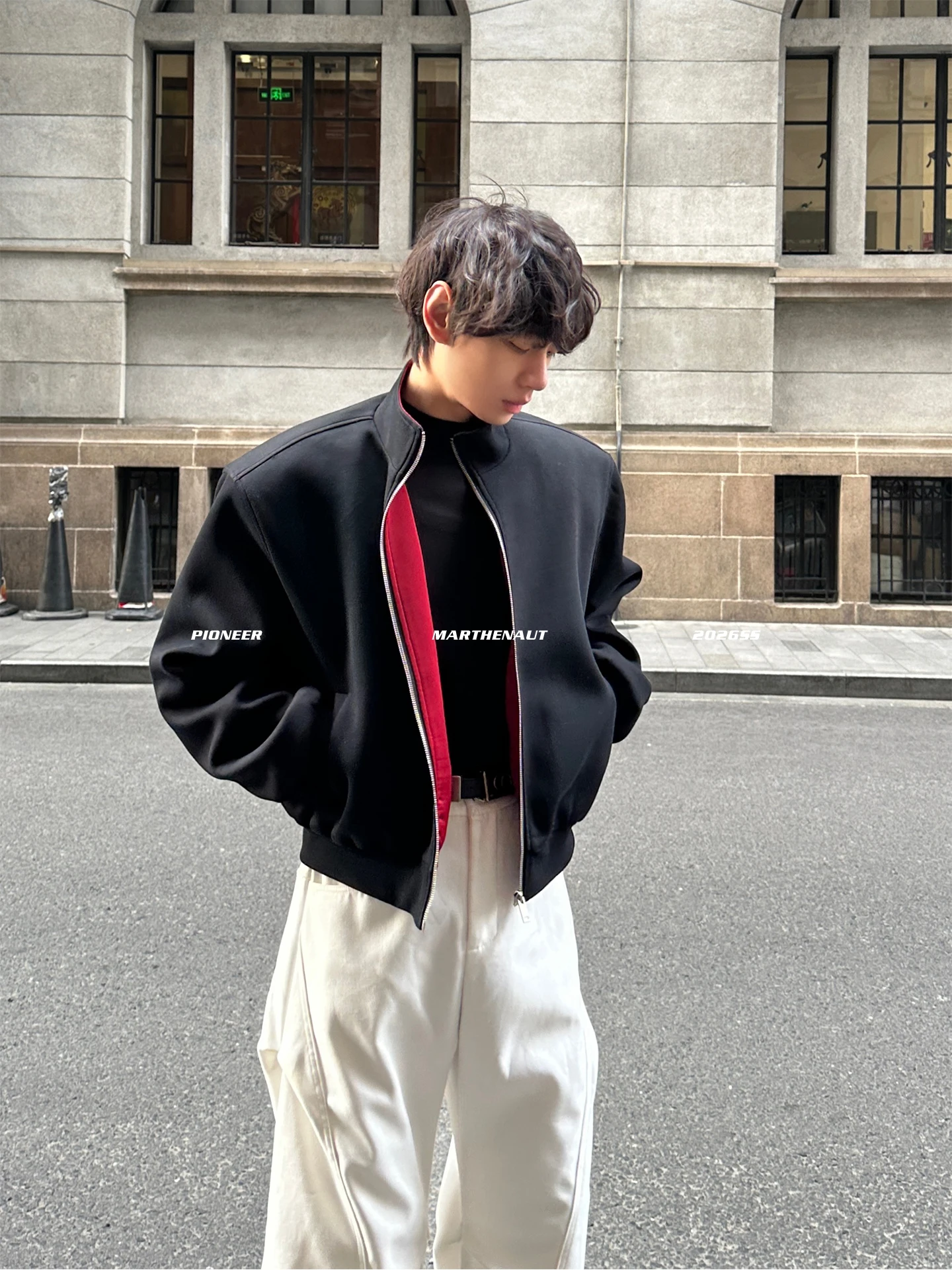 MARTHENAUT Spring Design Red Base Sweatshirt Embroidered Space Cotton Shoulder Pad Zipper Jacket Casual Loose Fit Youth Popular