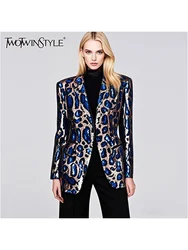 TWOTWINSTYLE Hit Color Spliced Sequines Casual Jackets For Women V Neck Long Sleeve Patchwork Pockets Temperament Coat Female