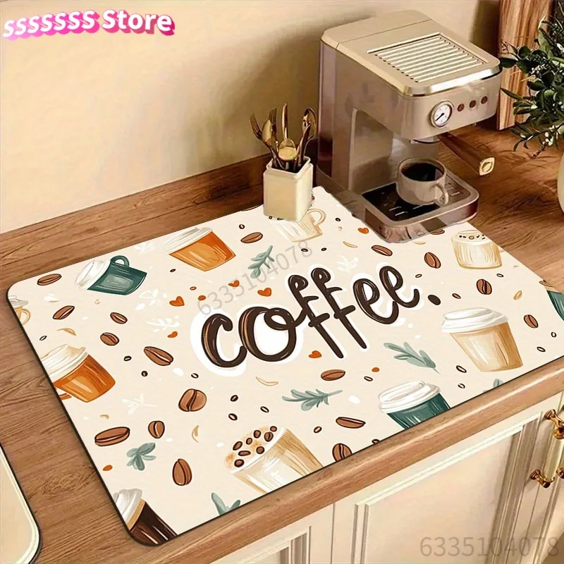 Hand-Painted Coffee Cup Themed Desk Mat, Coffee Machine Mat, Kitchen Countertop Mat, Kitchen Additions, Bathroom Additions