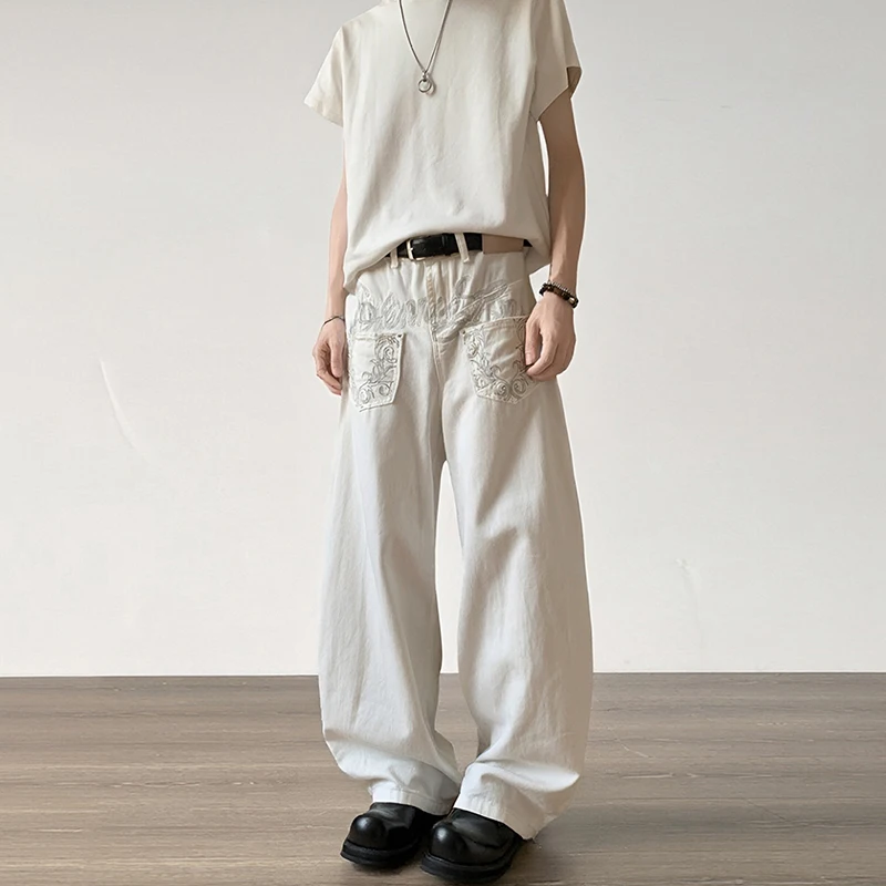 

Осенние уличные винтажные джинсы Y2K Harajuku, белая уличная одежда, мешковатые джинсы с вышивкой, джинсовые брюки, мужские широкие брюки с высокой талией