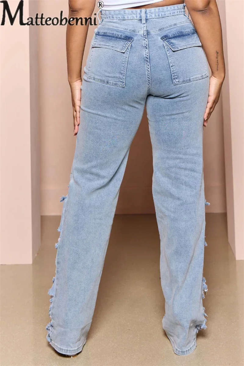 Verão oco para fora buracos quebrados calças de brim retas mulheres cintura alta perna larga calças jeans feminino casual azul tendência streetwear