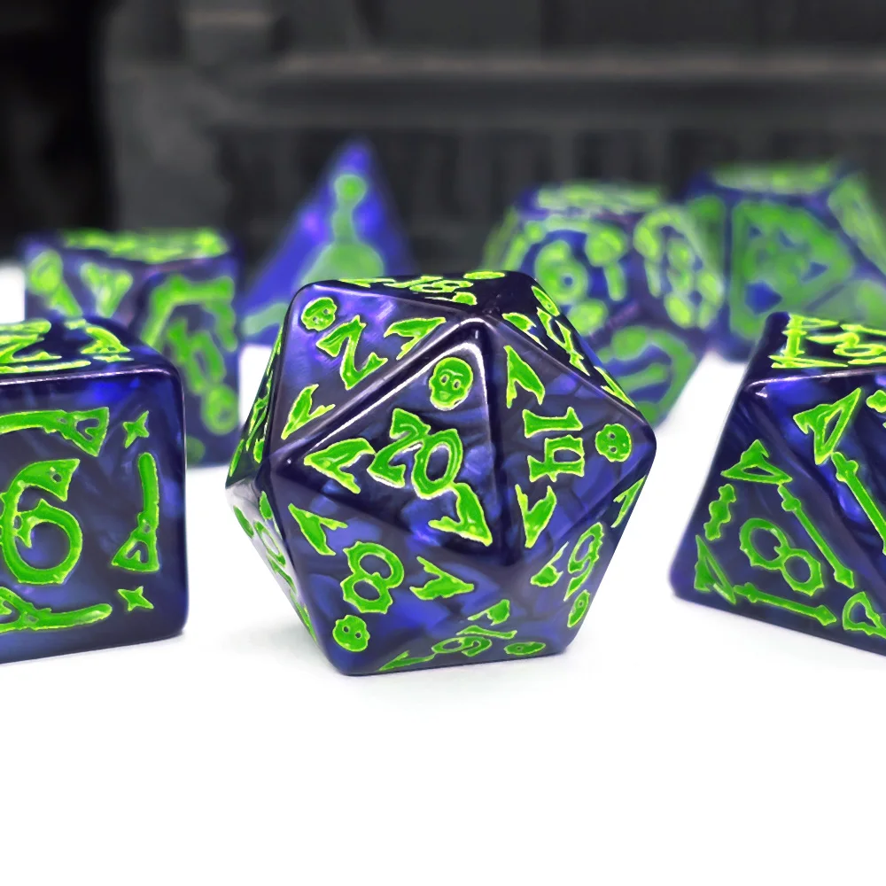 Cthulhu Dark Blue & Neon Green Dice Set, 7-Piece Polyhedral DND Dice for Tabletop RPG & Horror Gaming Dice Set for D&D, TRPG