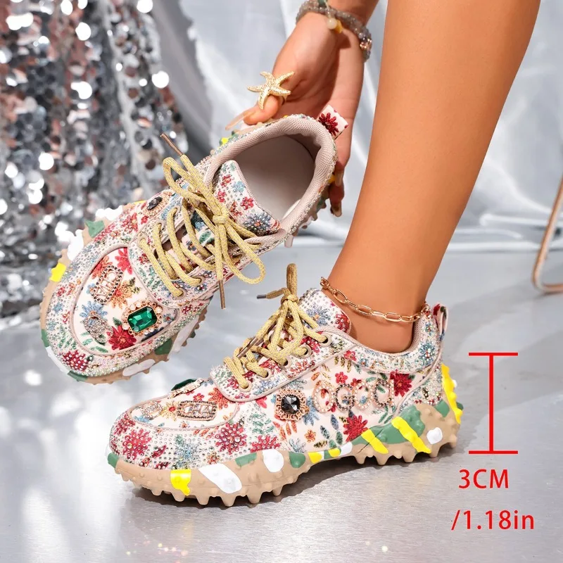 Colorful Single Shoes Women 2026 New Diamond-encrusted Summer Breathable and Versatile Platform Casual Sneakers