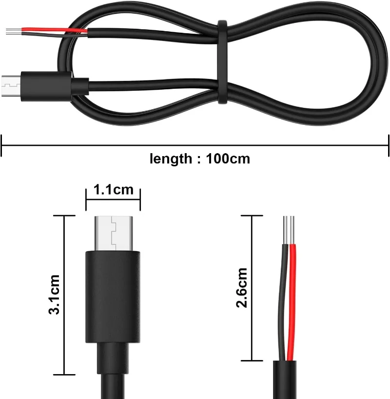 3/1Pcs Type-C To 2 Pin Bare Extension Power Cable USB Type C Connector Male Plug 2-Pin Pigtail Cable for Phone Router LED Strip