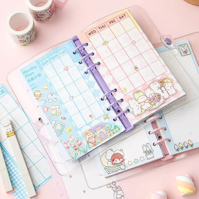 New Transparent Loose Leaf Cartoon Notebook,Detachable Plan, Student Portable Diary Notebooks for Writing Notepad Agenda Planner