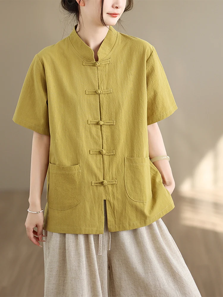 

New Chinese Style Zen Cotton Linen Short Sleeve Shirt Pants Set Women Summer Stand Collar Button up Casual Linen Two Piece Set