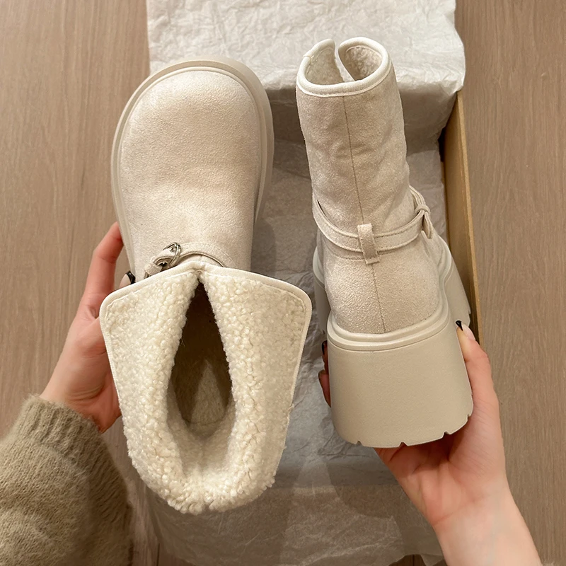الشتاء مكتنزة منصة كعب النساء الفراء الثلوج الأحذية موجزة الارتفاع زيادة الانزلاق على الأحذية السيدات الراحة الدافئة القطن الجوارب القصيرة