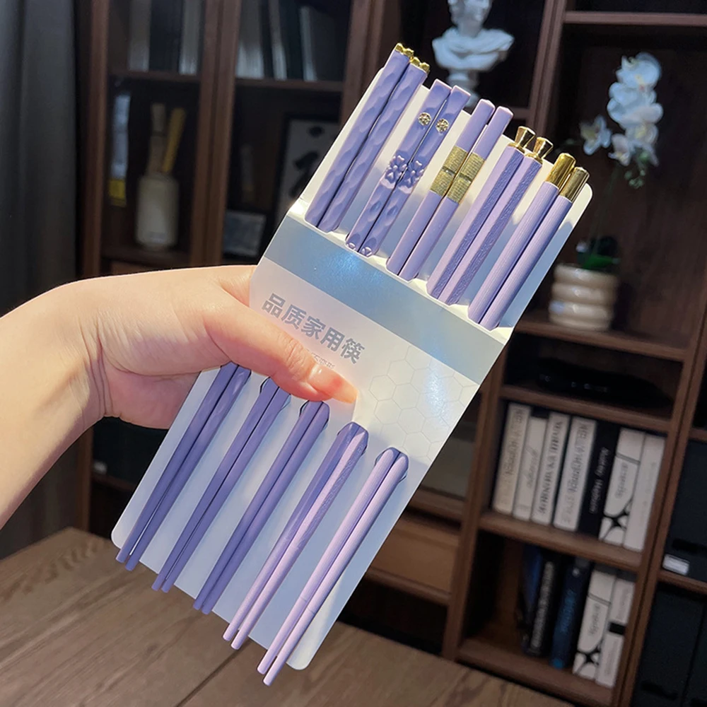 5Pairs New Purple Chopsticks Set Durable Simple Alloy Chopsticks Anti Slip Sushi Chopstick Reusable Separate Dining Dinnerware